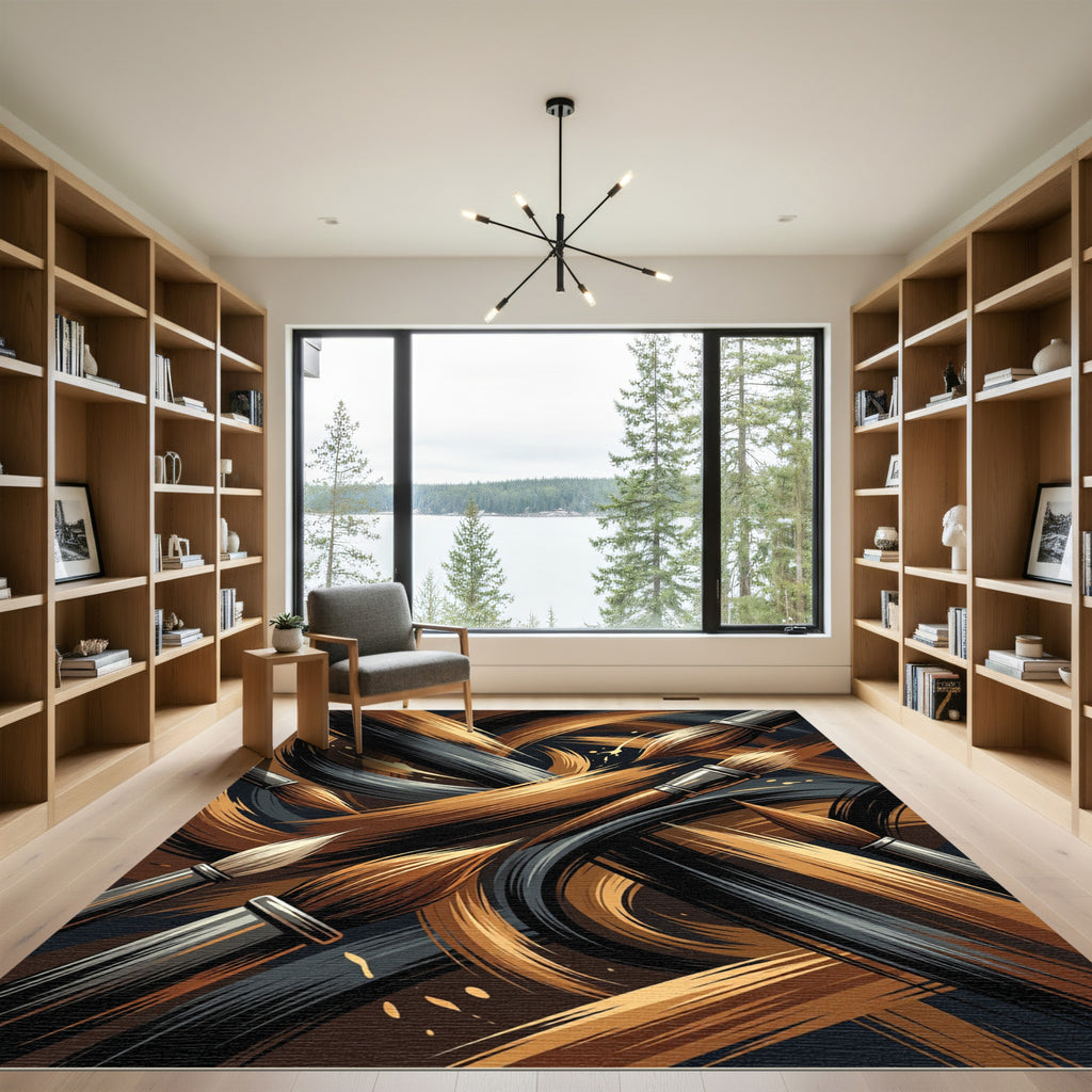Golden Brown Brush Swirl Abstract Rug