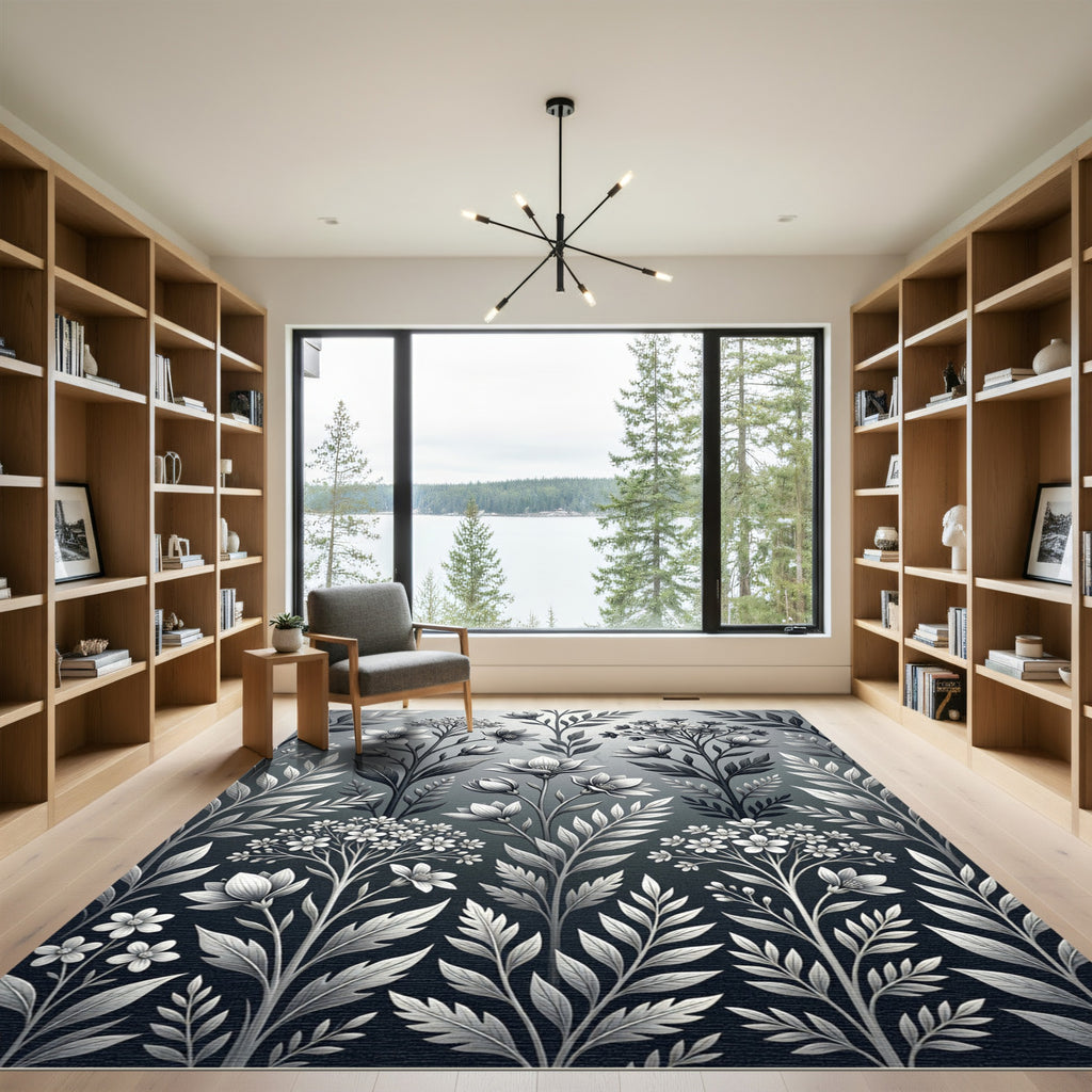 Monochromatic Floral Botanical Arrangement Rug