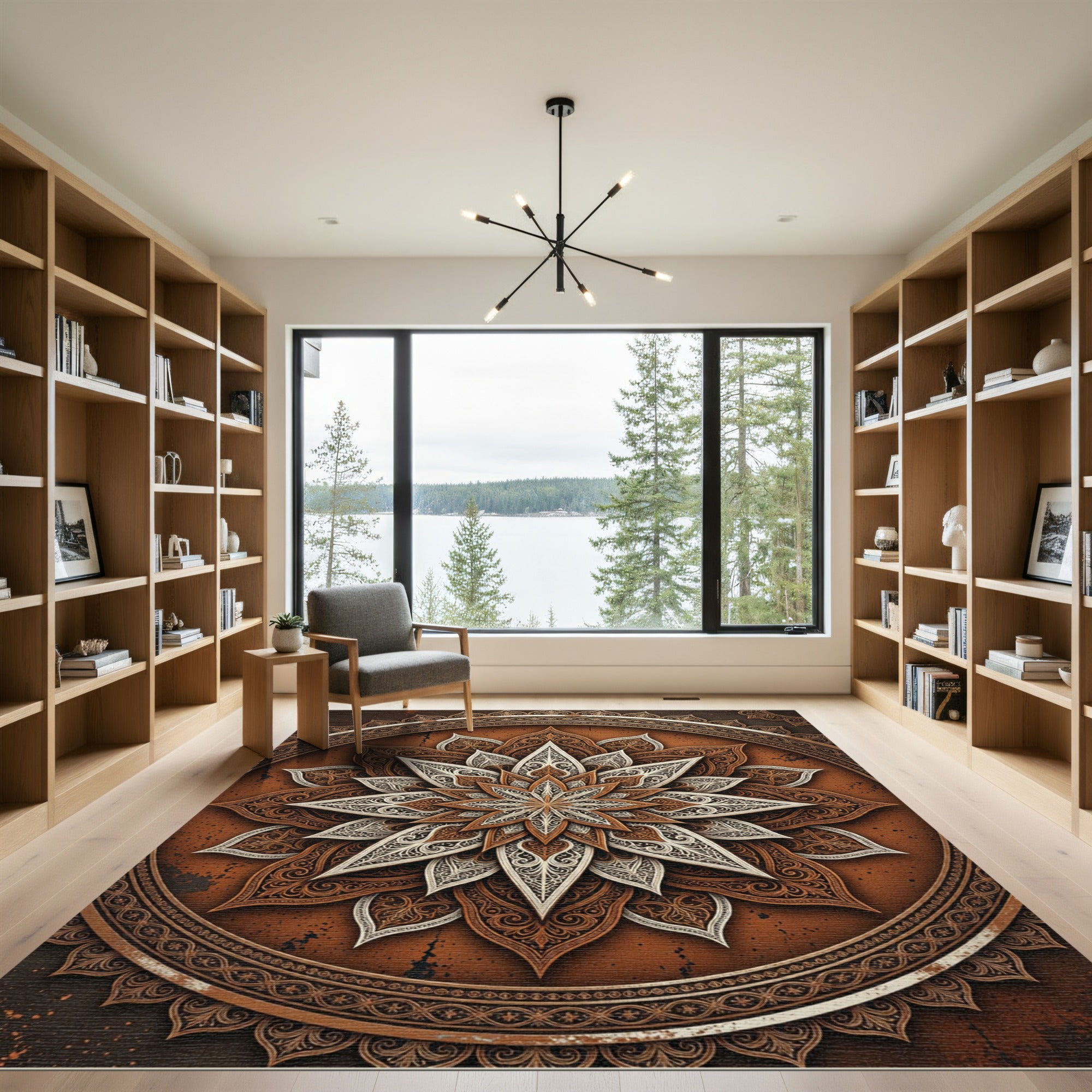 Intricate Ornate Bronze Floral Mandala Rug