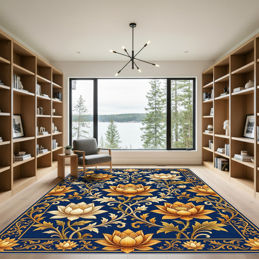 Golden Lotus Floral Navy Luxury Rug