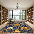 Golden Lotus Floral Navy Luxury Rug