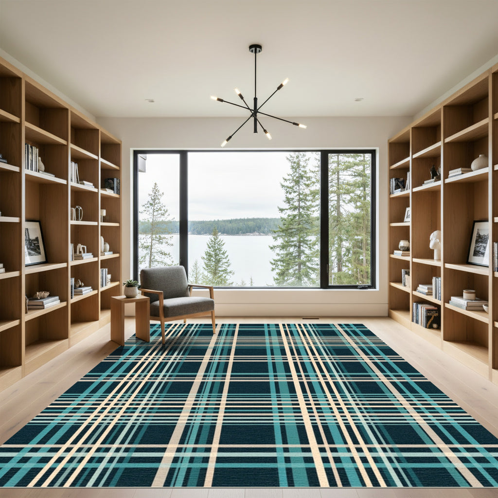 Teal Beige Tartan Grid Rug