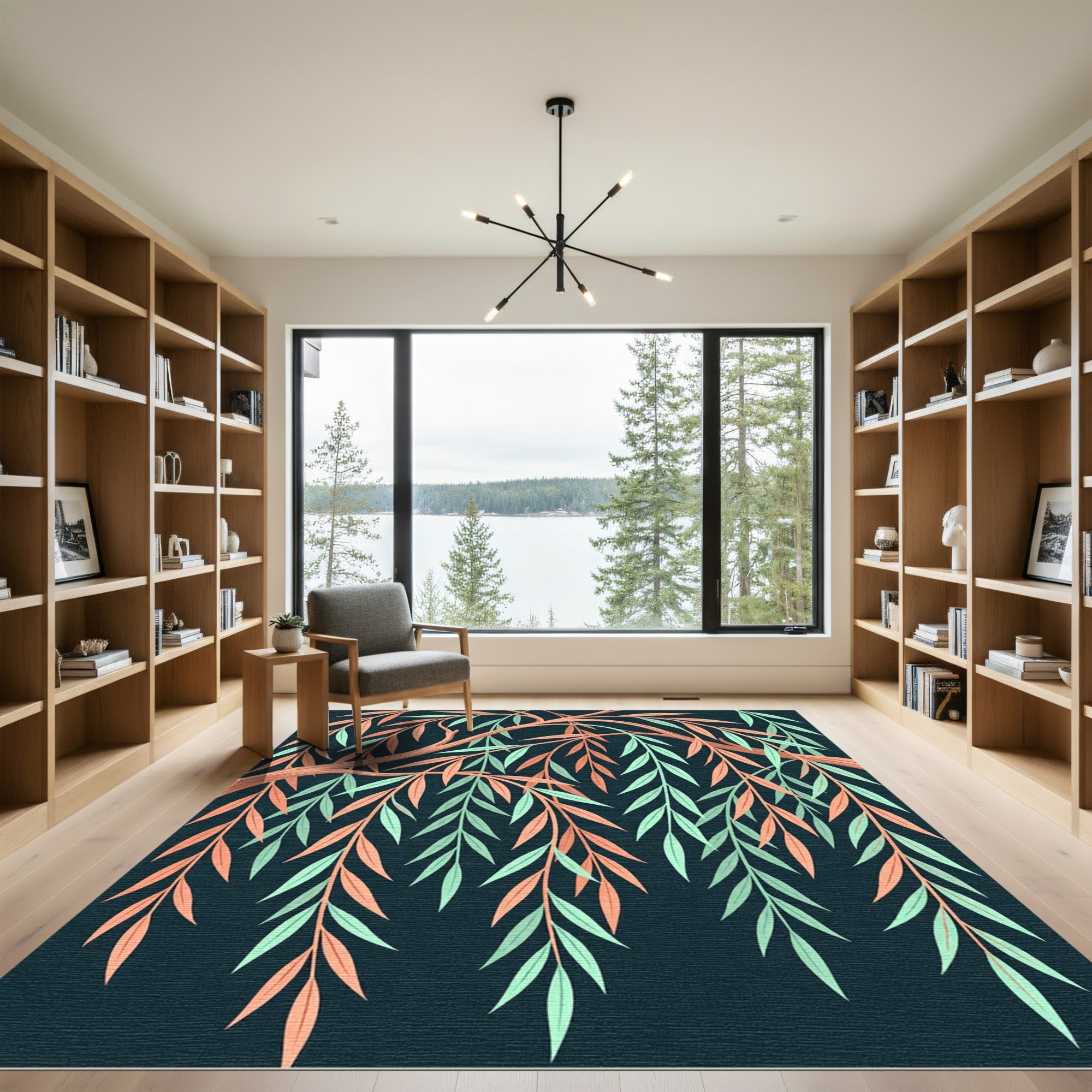 Artistic Willow Branch Peach Teal Dark Foliage Rug
