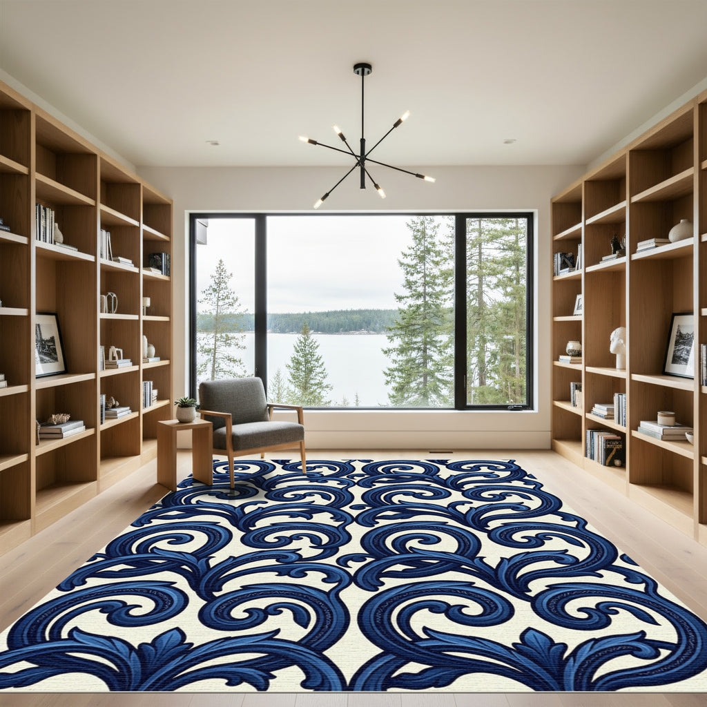 Elegant Indigo Scrollwork Damask Rug