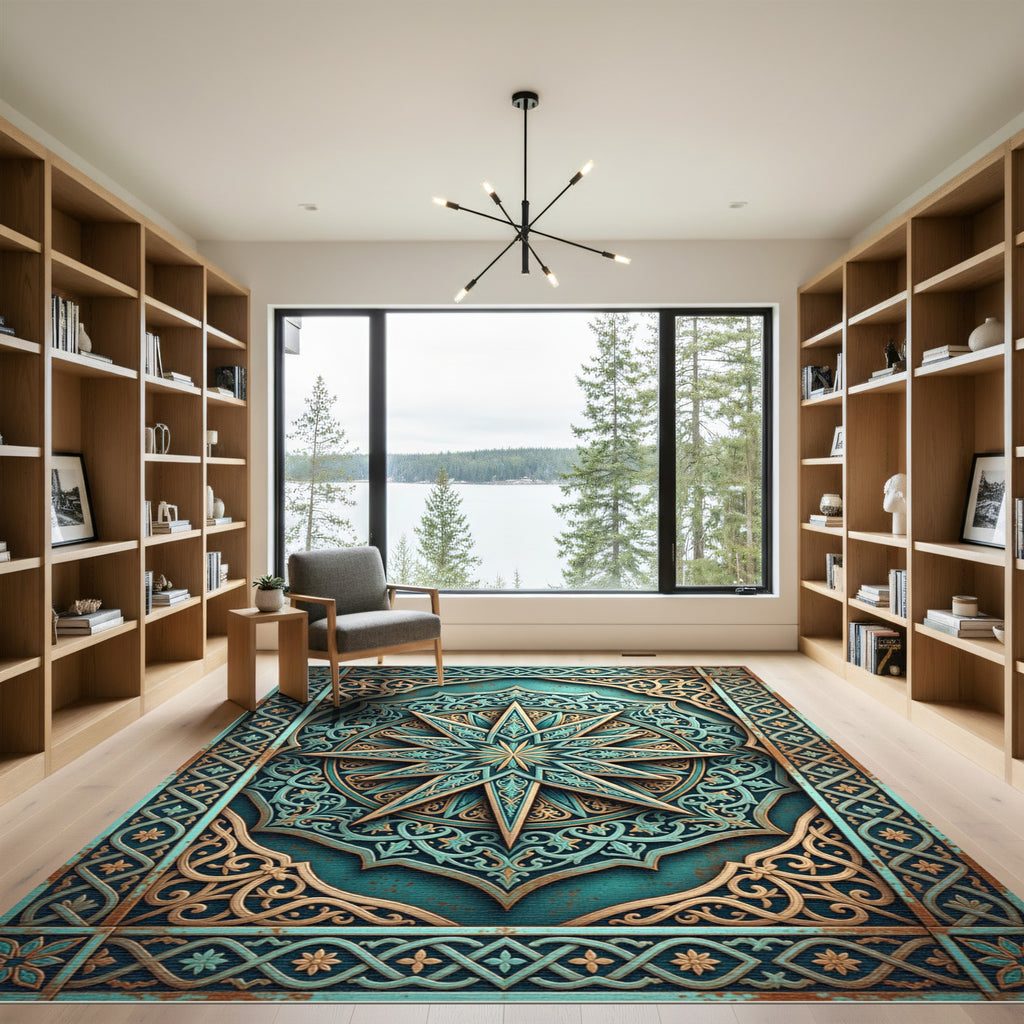 Teal and Gold Twelve Point Star Rug