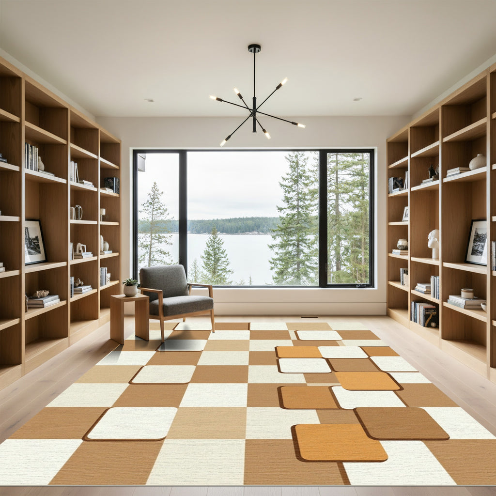 Modern Beige Square Grid Mosaic Rug