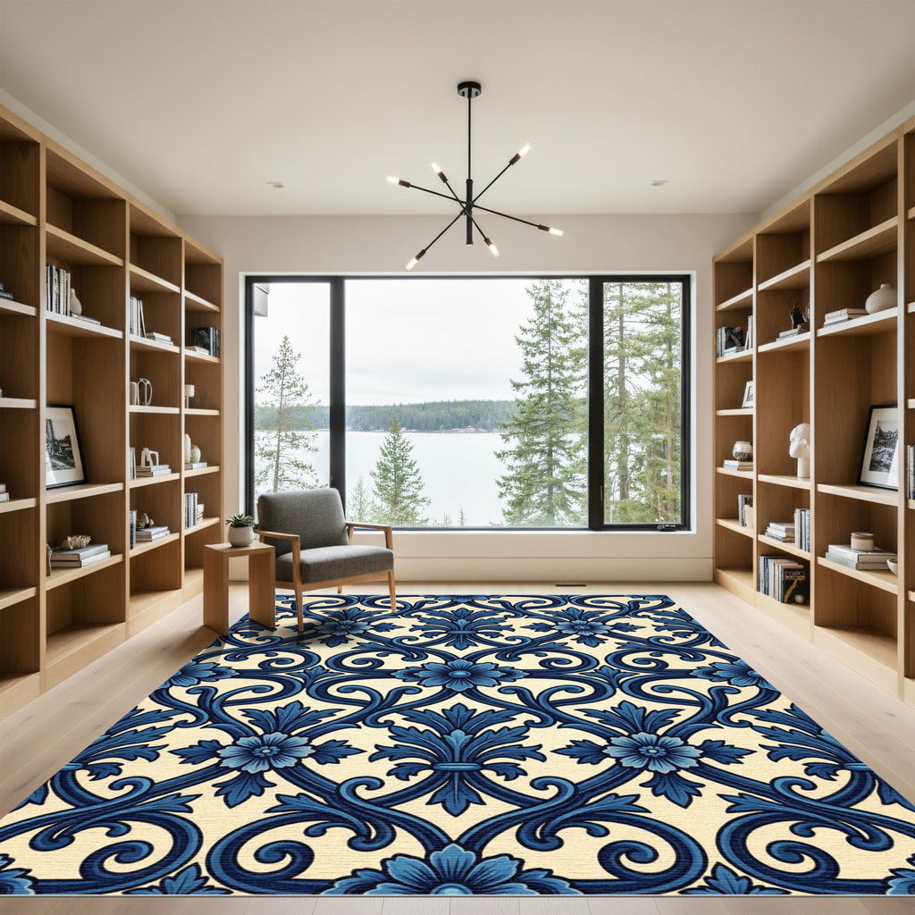 Deep Blue Floral Acanthus Scrollwork Rug