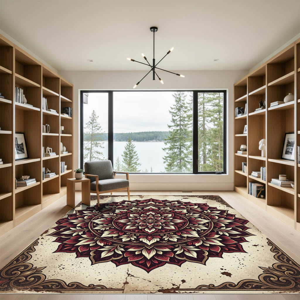 Crimson Floral Mandala Circular Medallion Rug