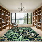 Elegant Green Scrolled Foliage Ornament Rug