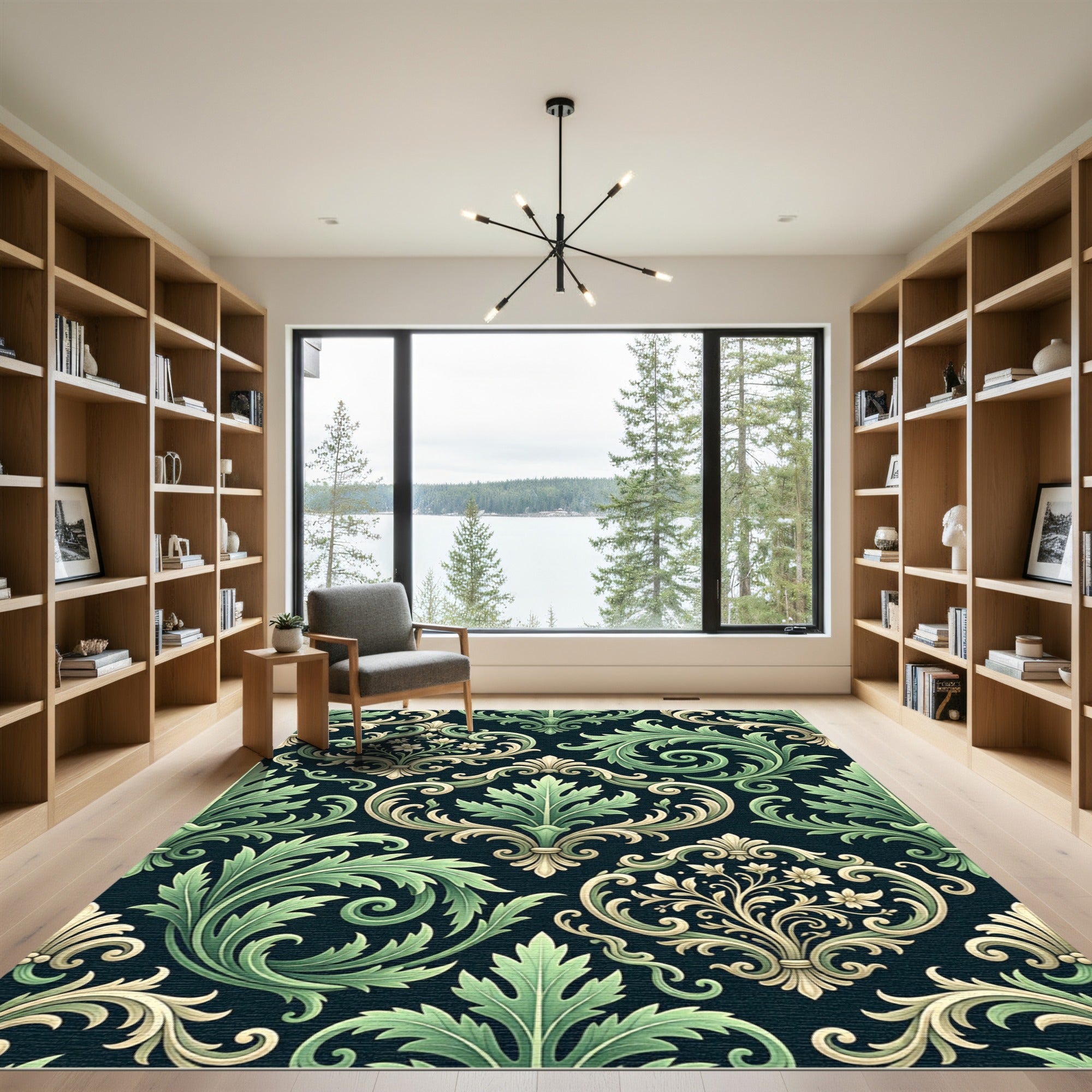 Elegant Green Scrolled Foliage Ornament Rug