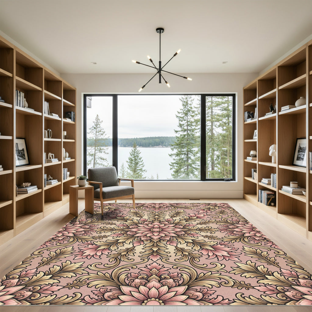 Vintage Pink Gold Floral Scroll Rug