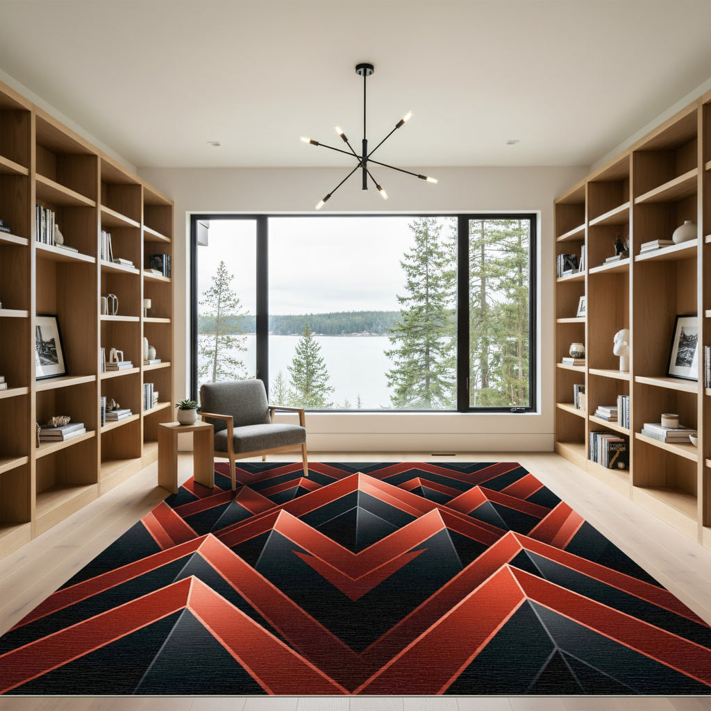 Crimson Black Geometric Chevron Abstraction Rug