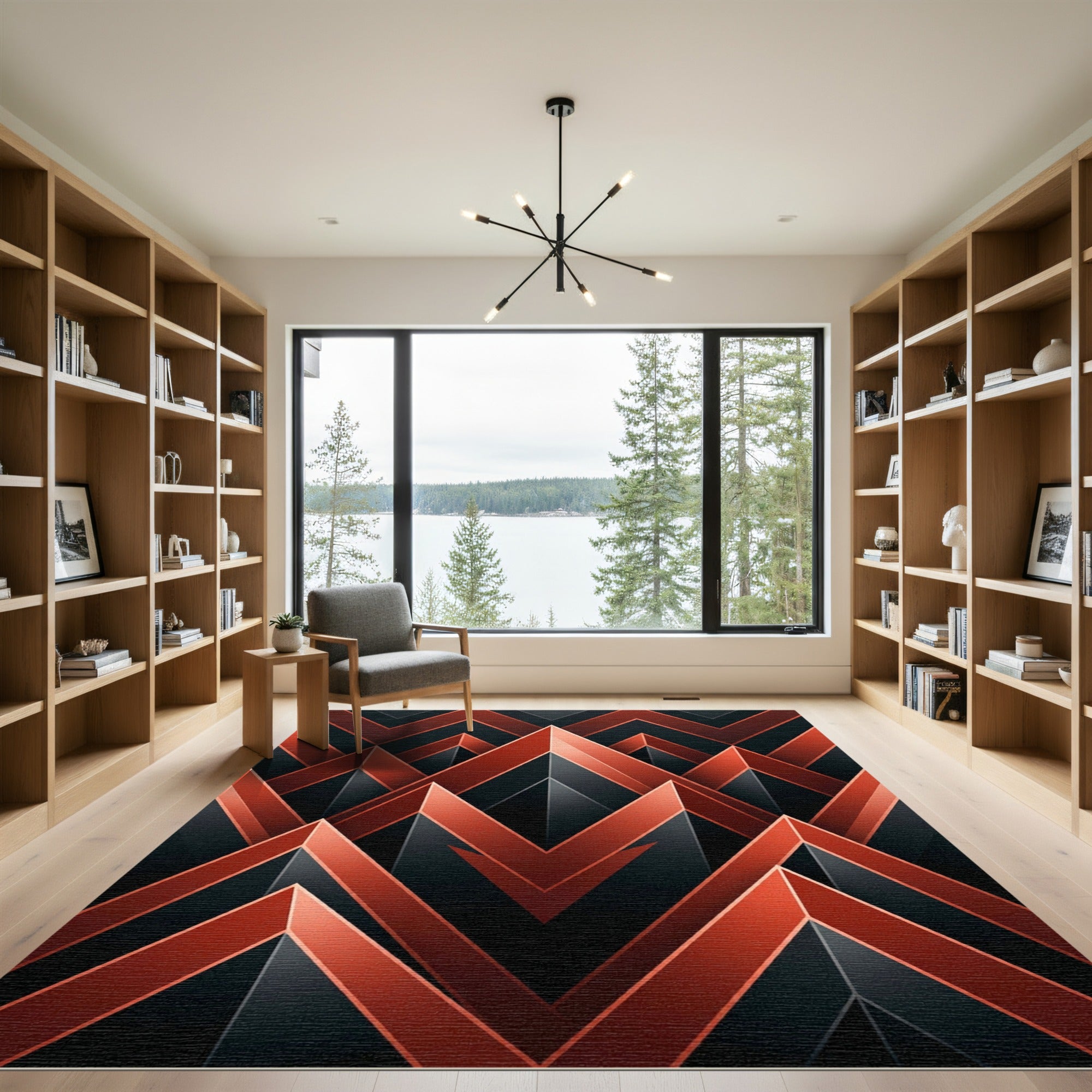 Crimson Black Geometric Chevron Abstraction Rug