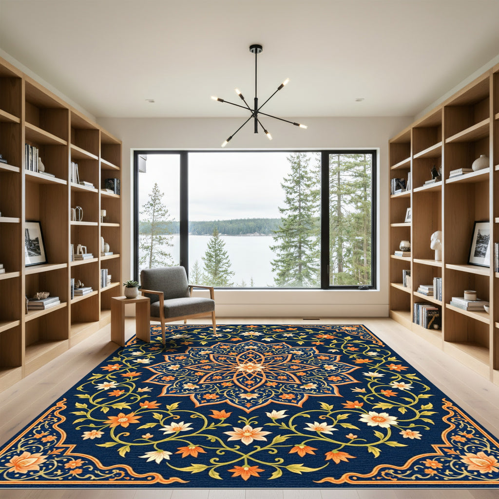 Navy Floral Symmetry Medallion Rug