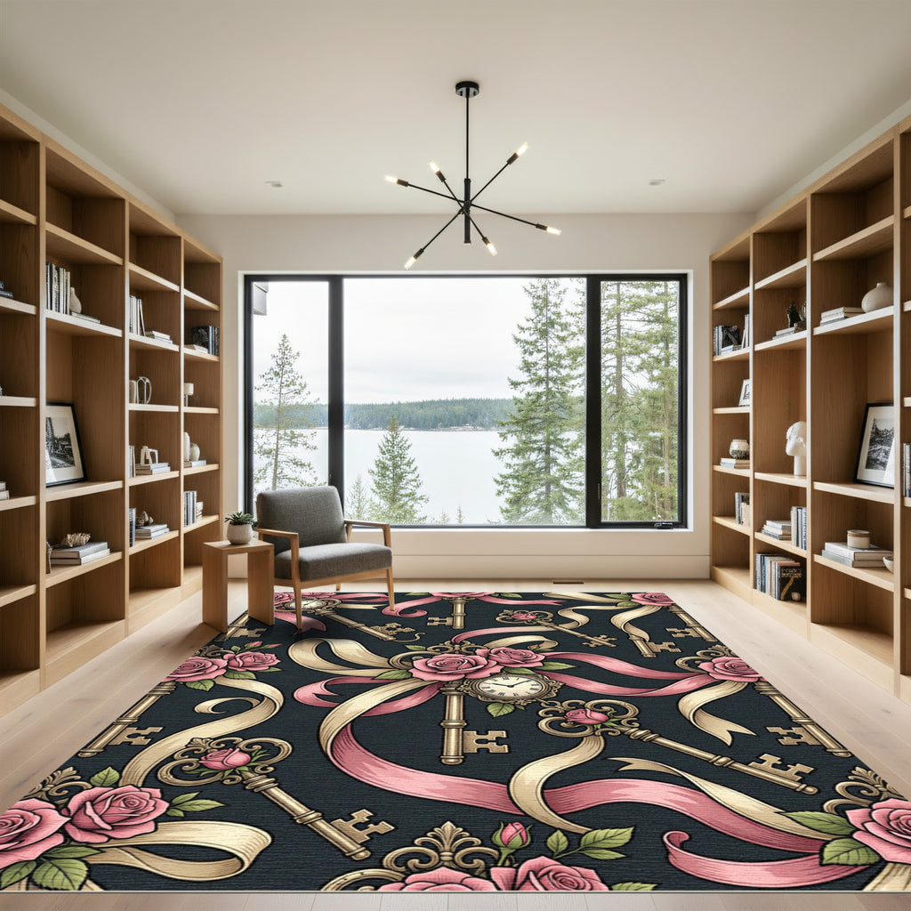 Romantic Vintage Pink Rose Clock Key Rug