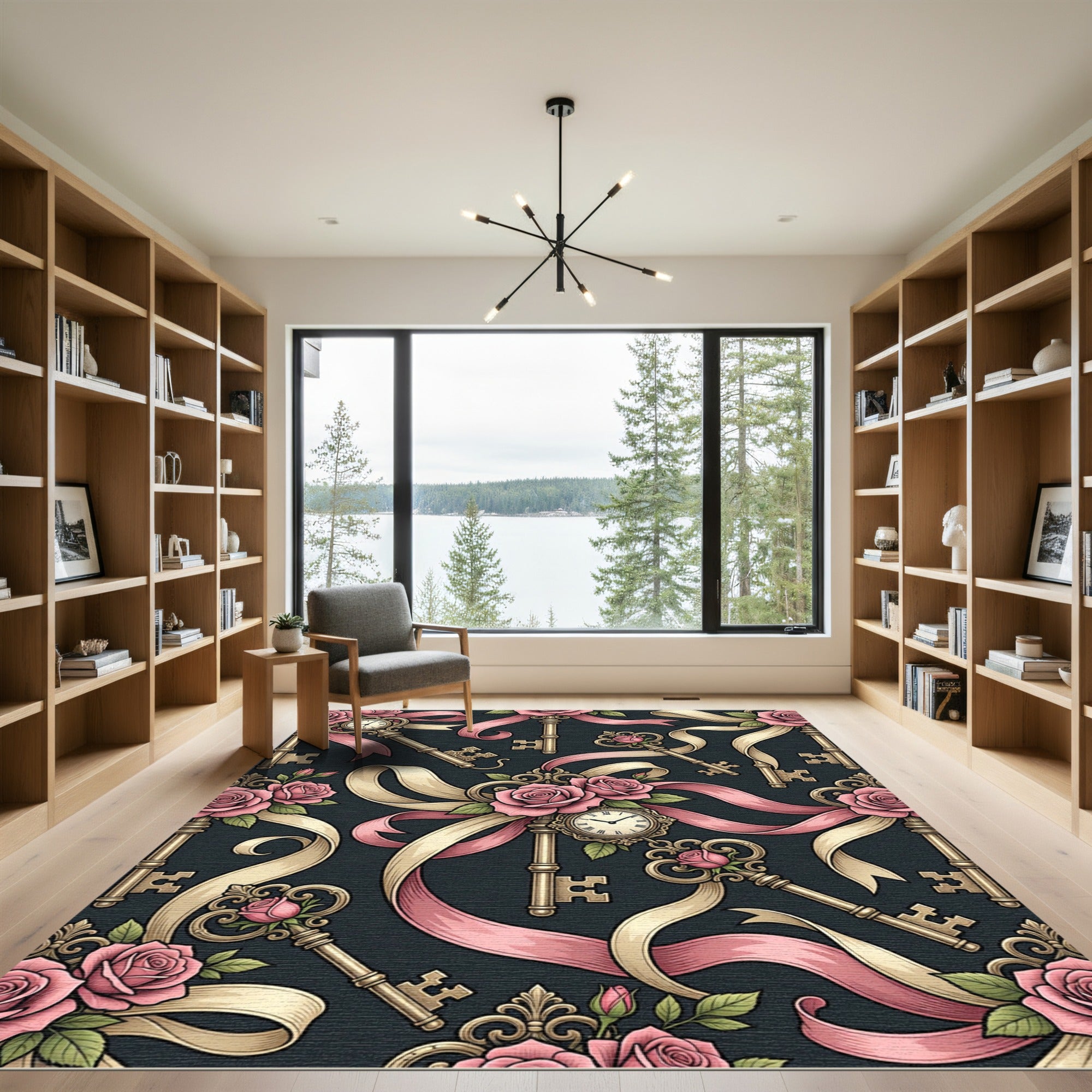 Romantic Vintage Pink Rose Clock Key Rug