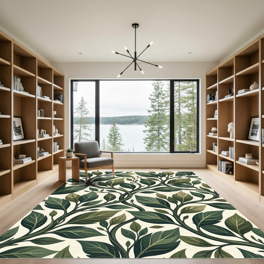 Vibrant Green Leafy Vine Pattern Rug