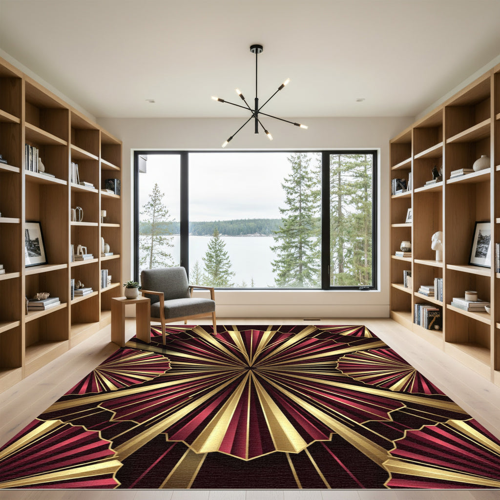 Art Deco Crimson and Gold Fan Rug