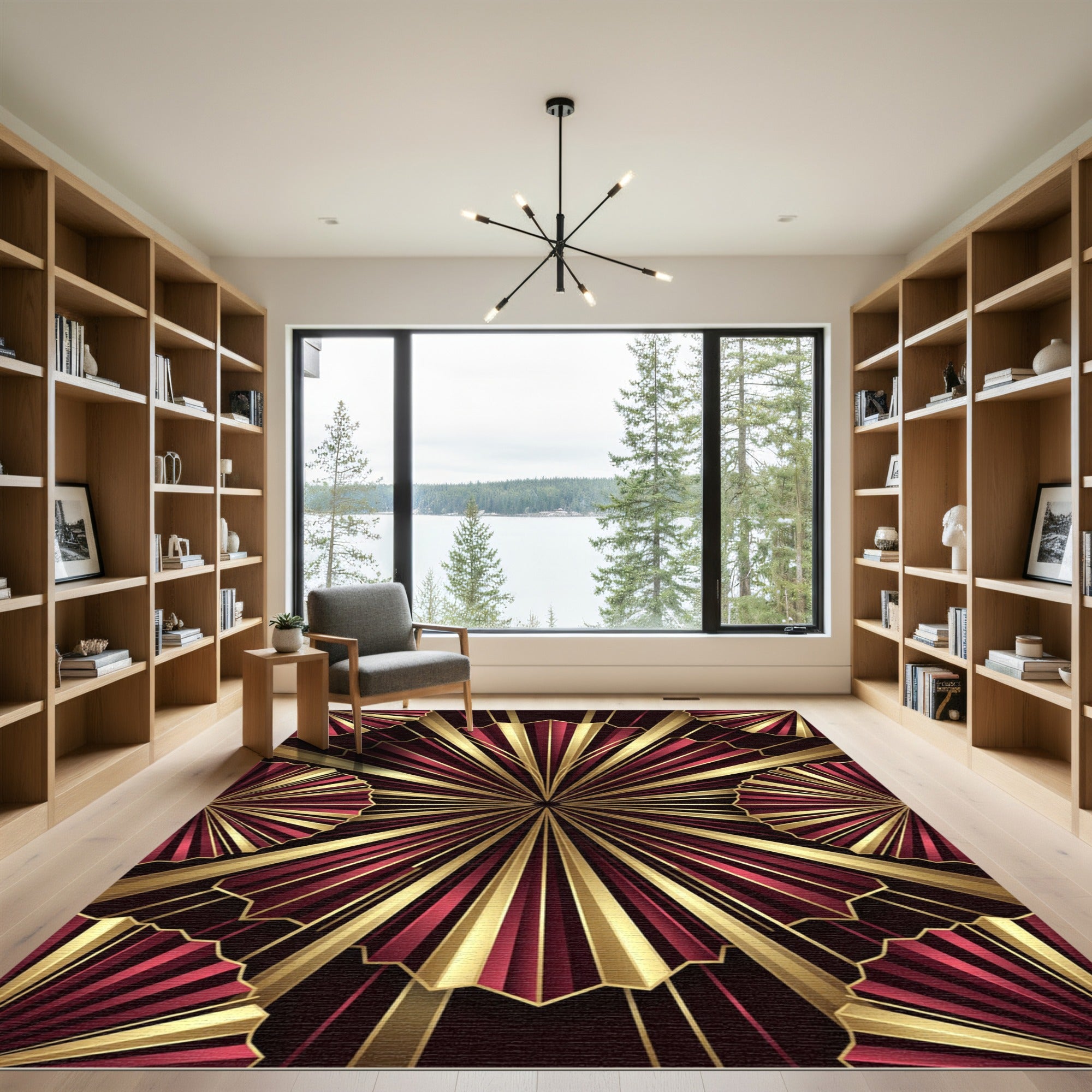 Art Deco Crimson and Gold Fan Rug