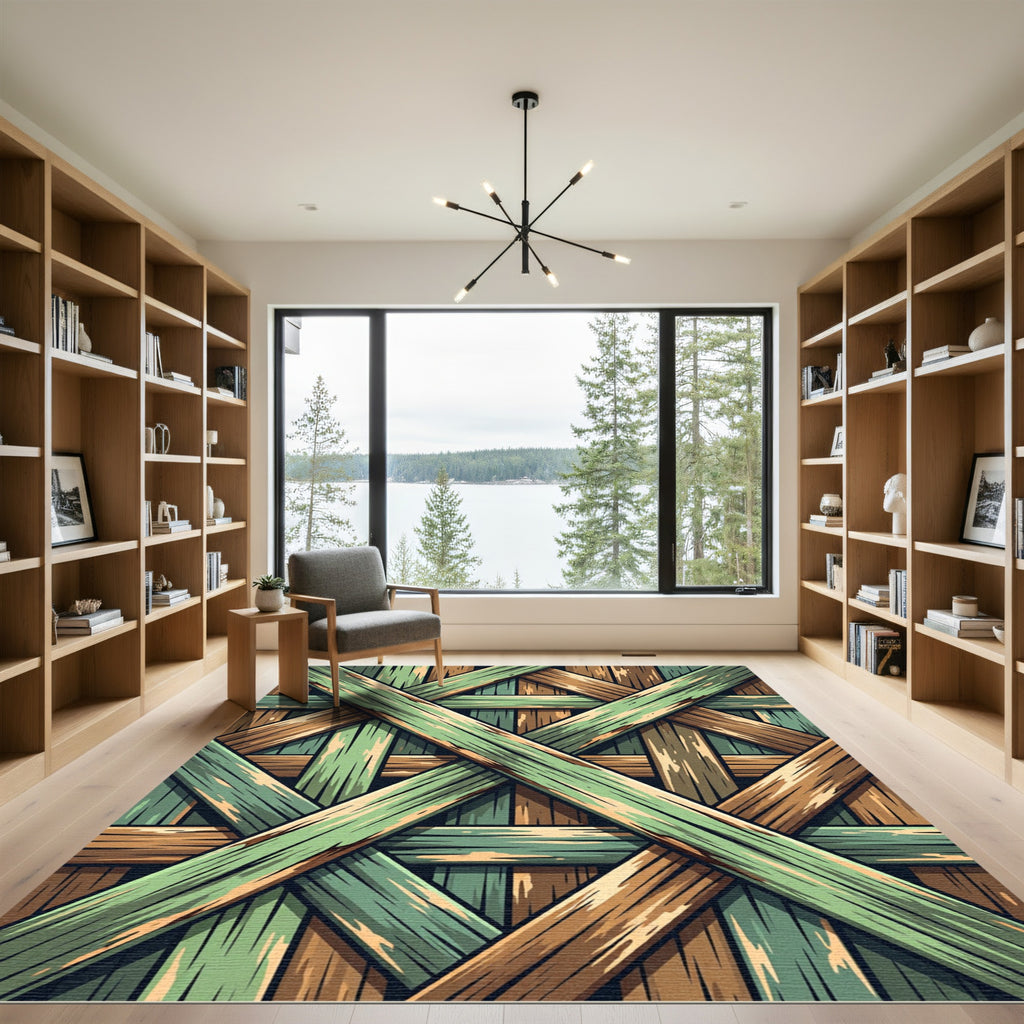 Distressed Wood Plank Lattice Weave Rug