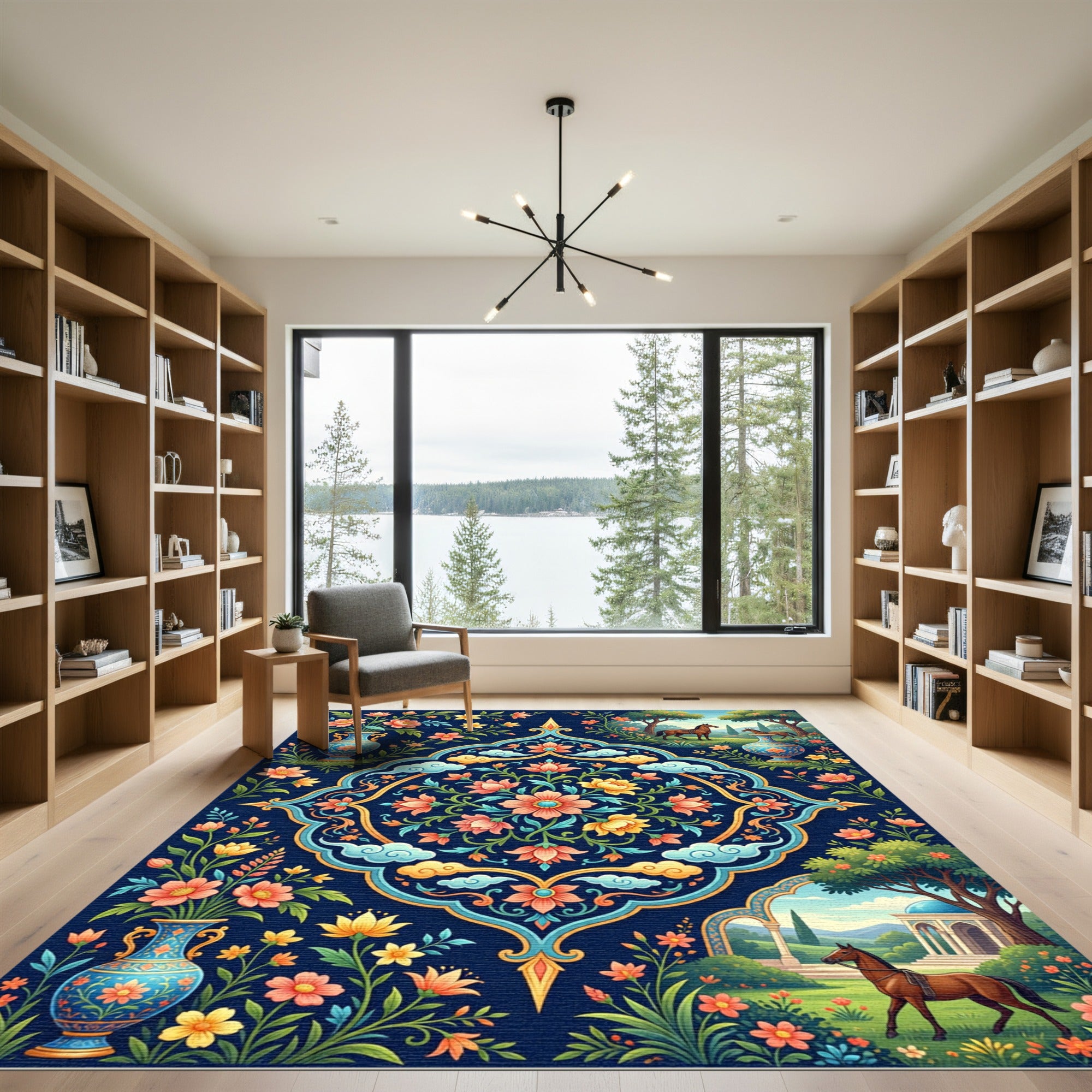 Floral Garden Vase Horse Motif Rug