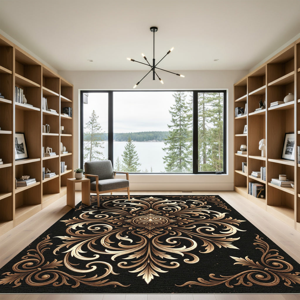 Elegant Gold Scrollwork Damask Medallion Rug