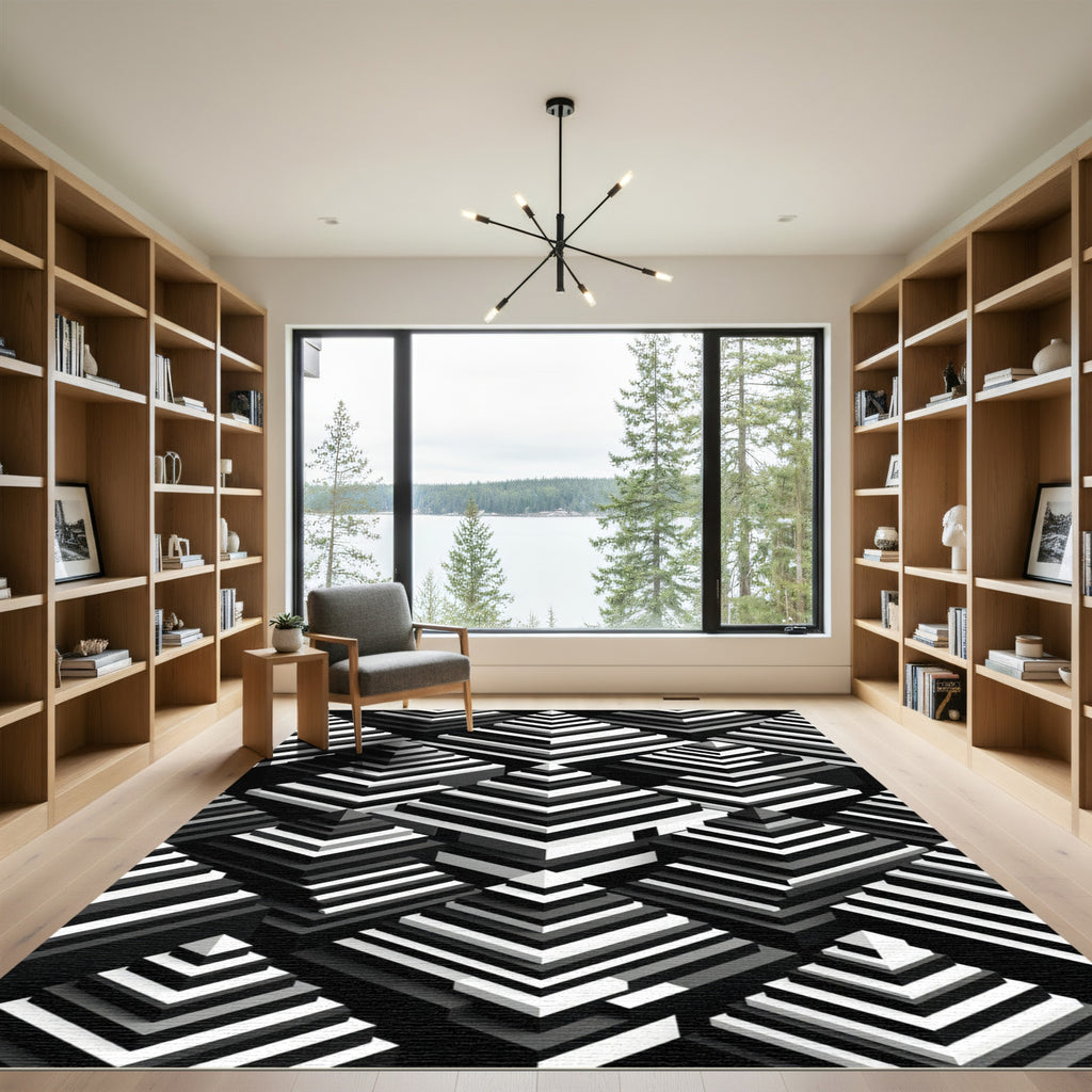 Monochrome Geometric Pyramid Step Art Rug