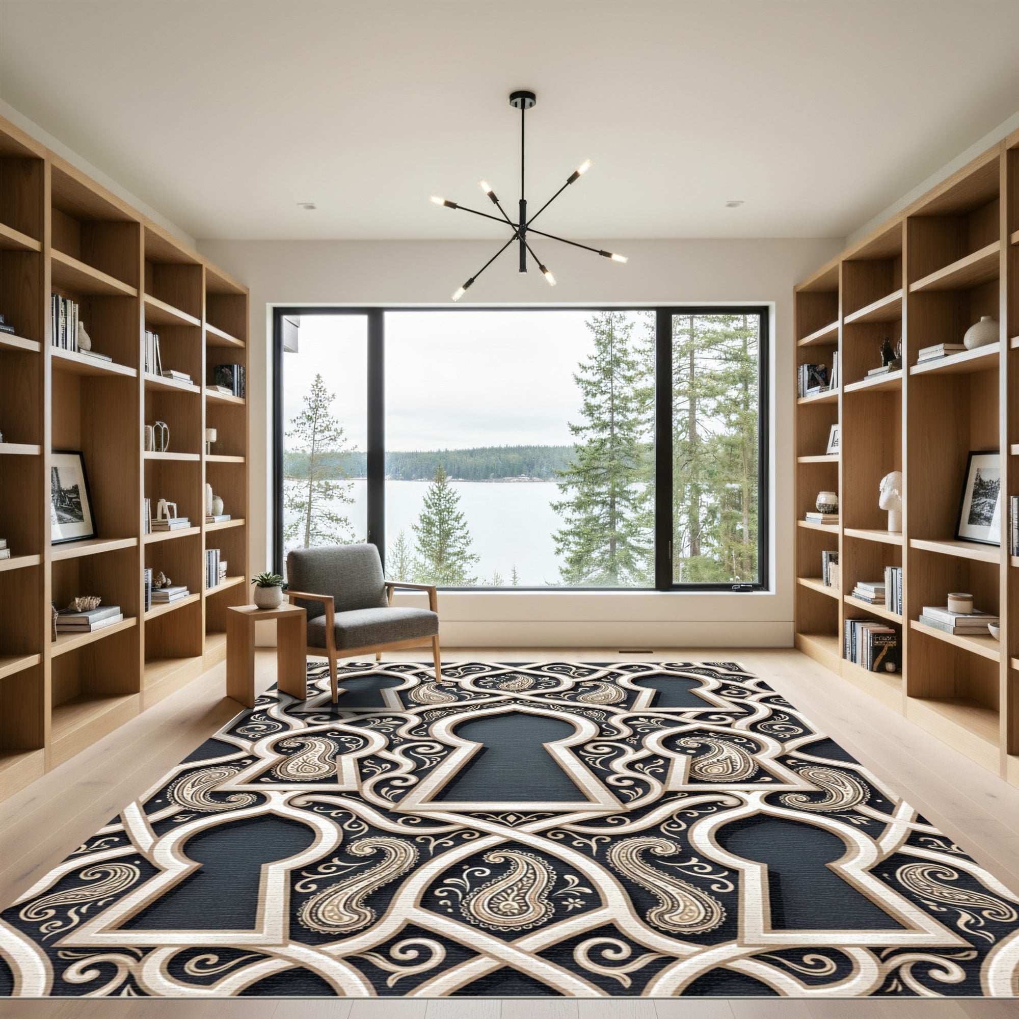 Cream and Charcoal Ornate Paisley Arch Rug