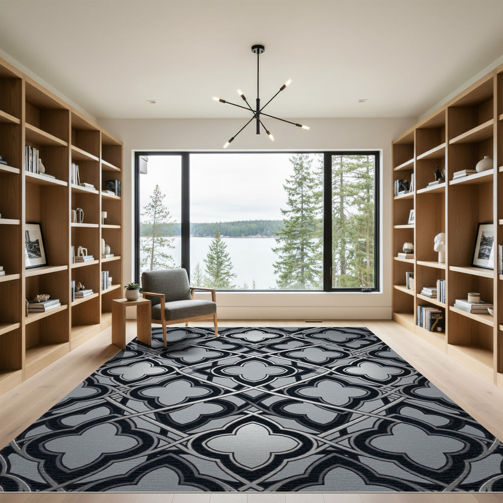 Monochromatic Quatrefoil Interlocking Geometric Silver Rug