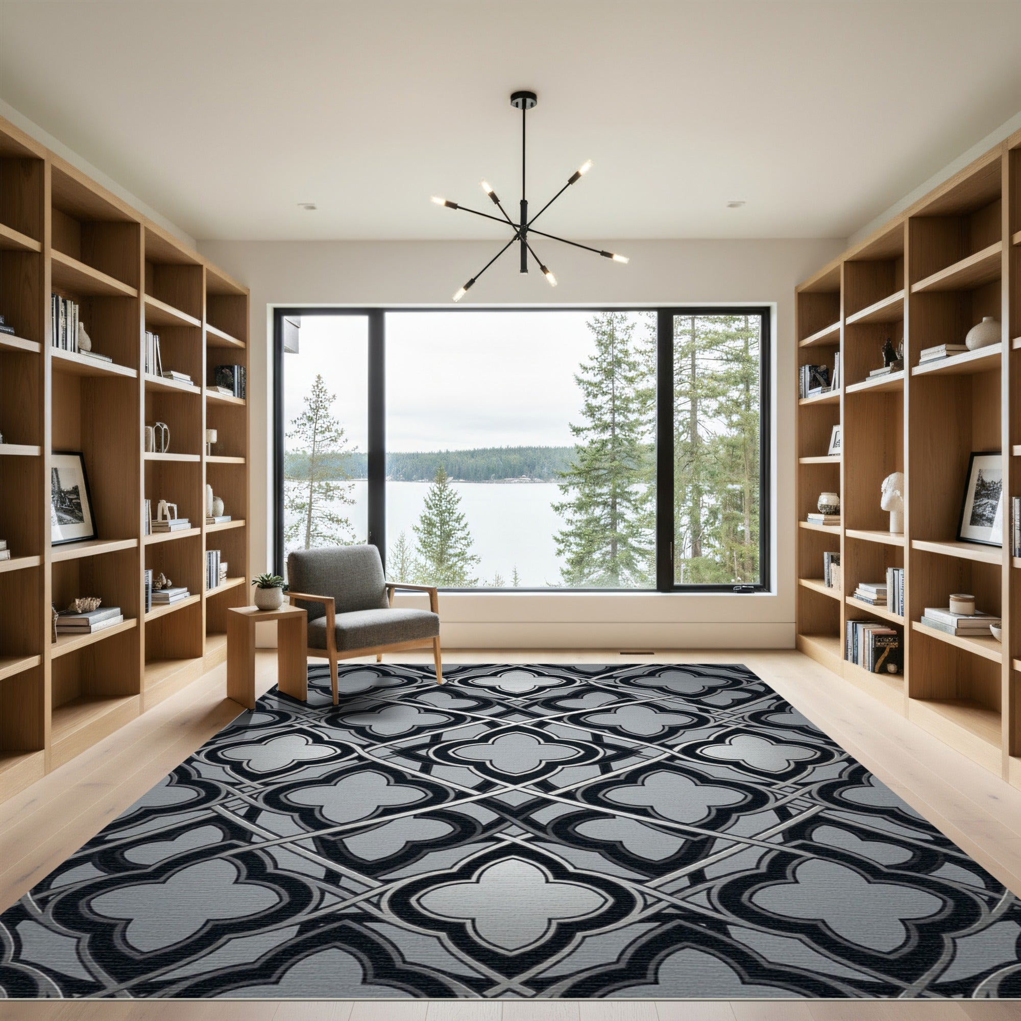 Monochromatic Quatrefoil Interlocking Geometric Silver Rug