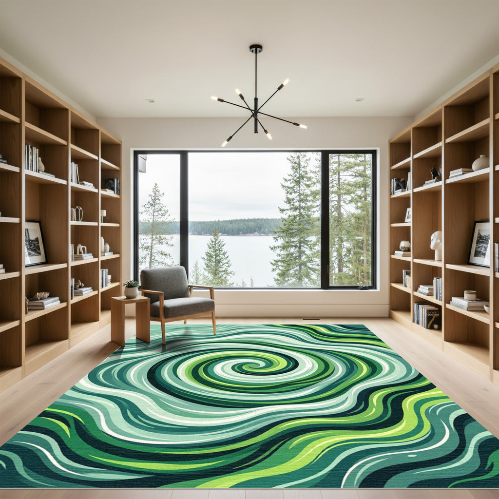 Earthy Green Abstract Swirling Wave Rug