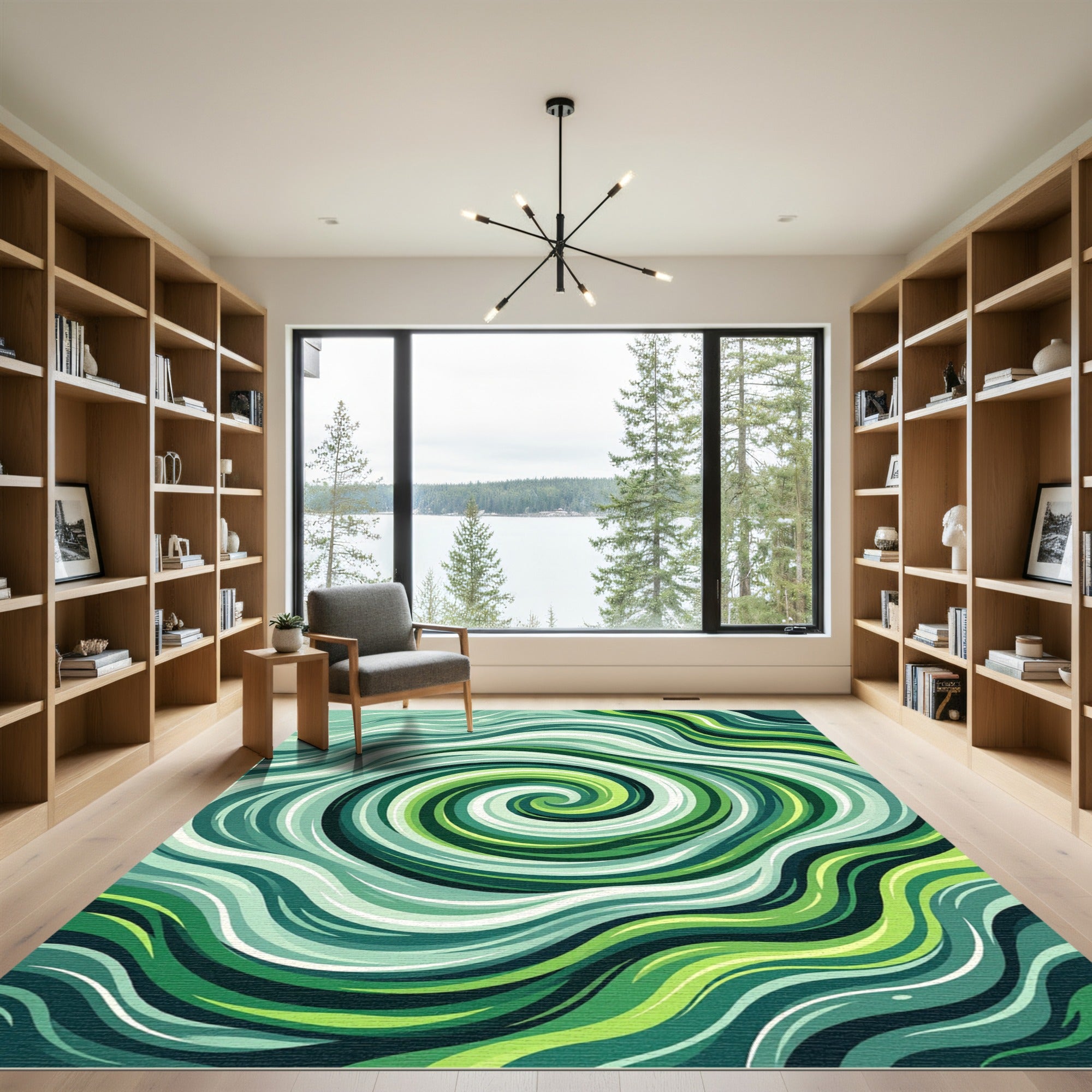 Earthy Green Abstract Swirling Wave Rug