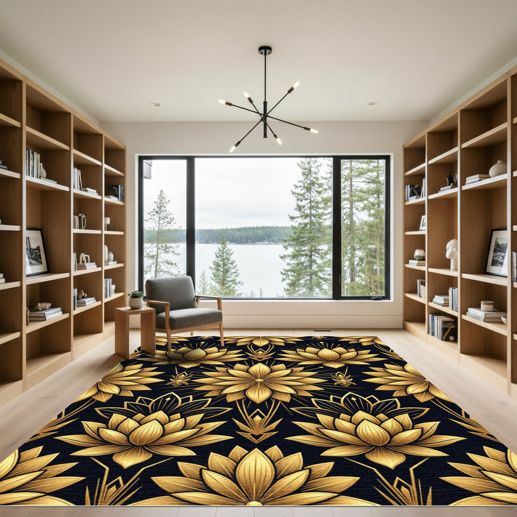 Golden Lotus Art Deco Black Wallpaper Rug