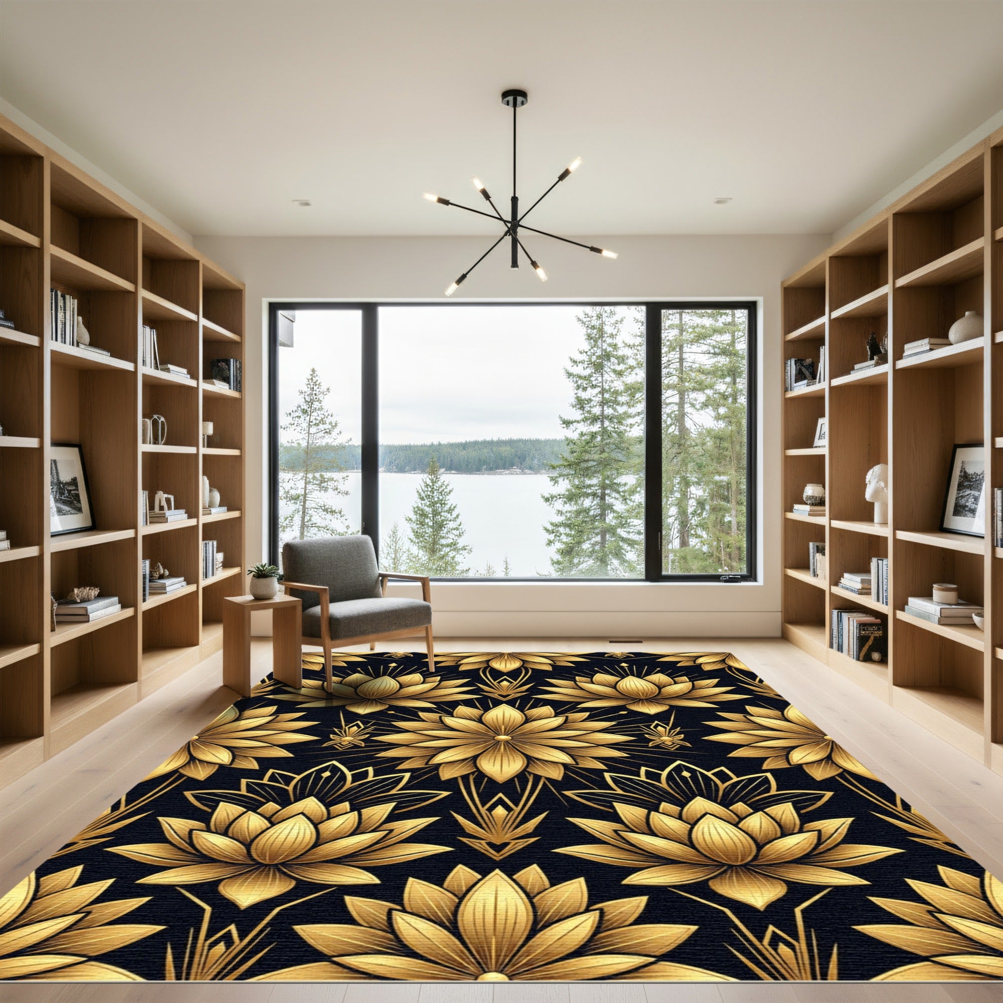 Golden Lotus Art Deco Black Wallpaper Rug