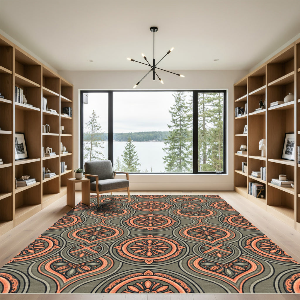 Orange Coral Floral Medallion Arabesque Rug