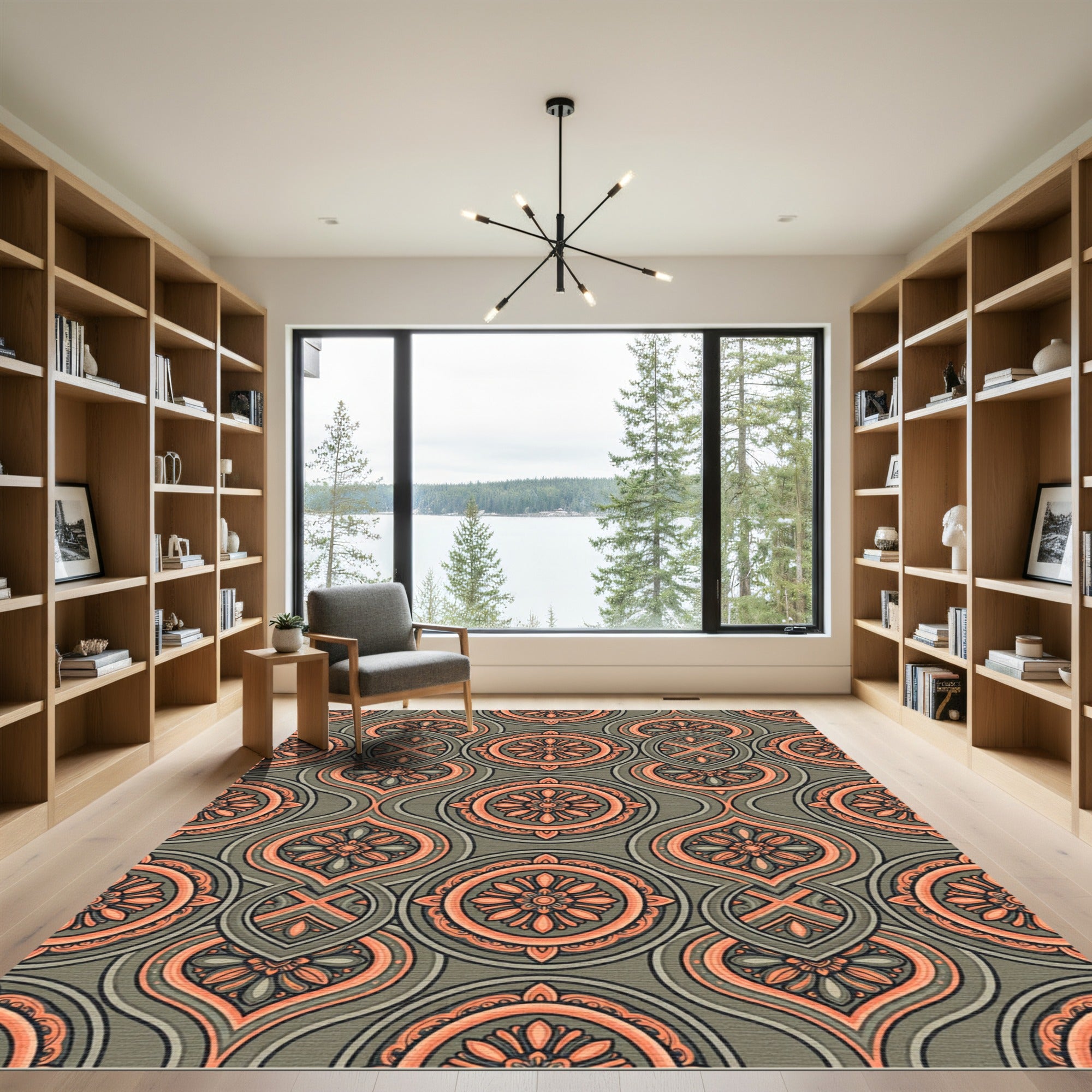 Orange Coral Floral Medallion Arabesque Rug