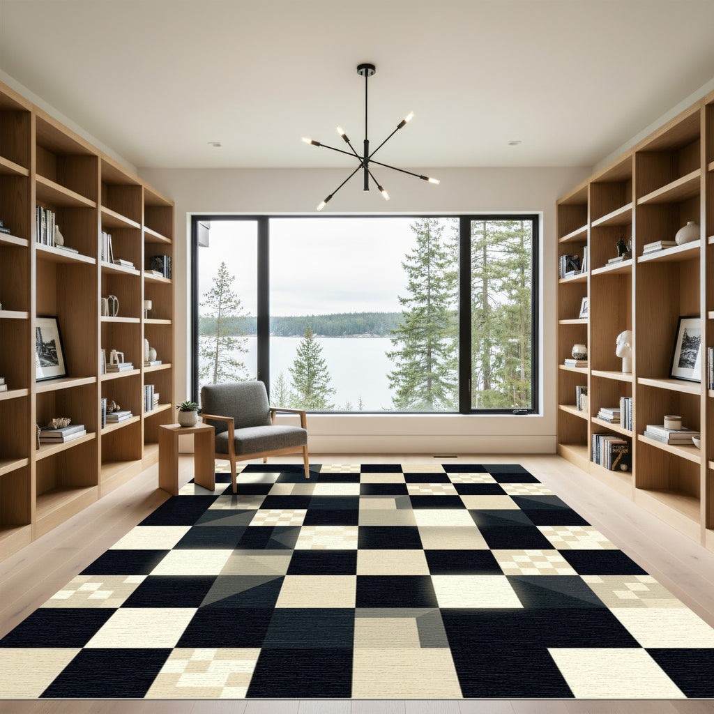 Monochromatic Geometric Checkered Abstract Art Rug
