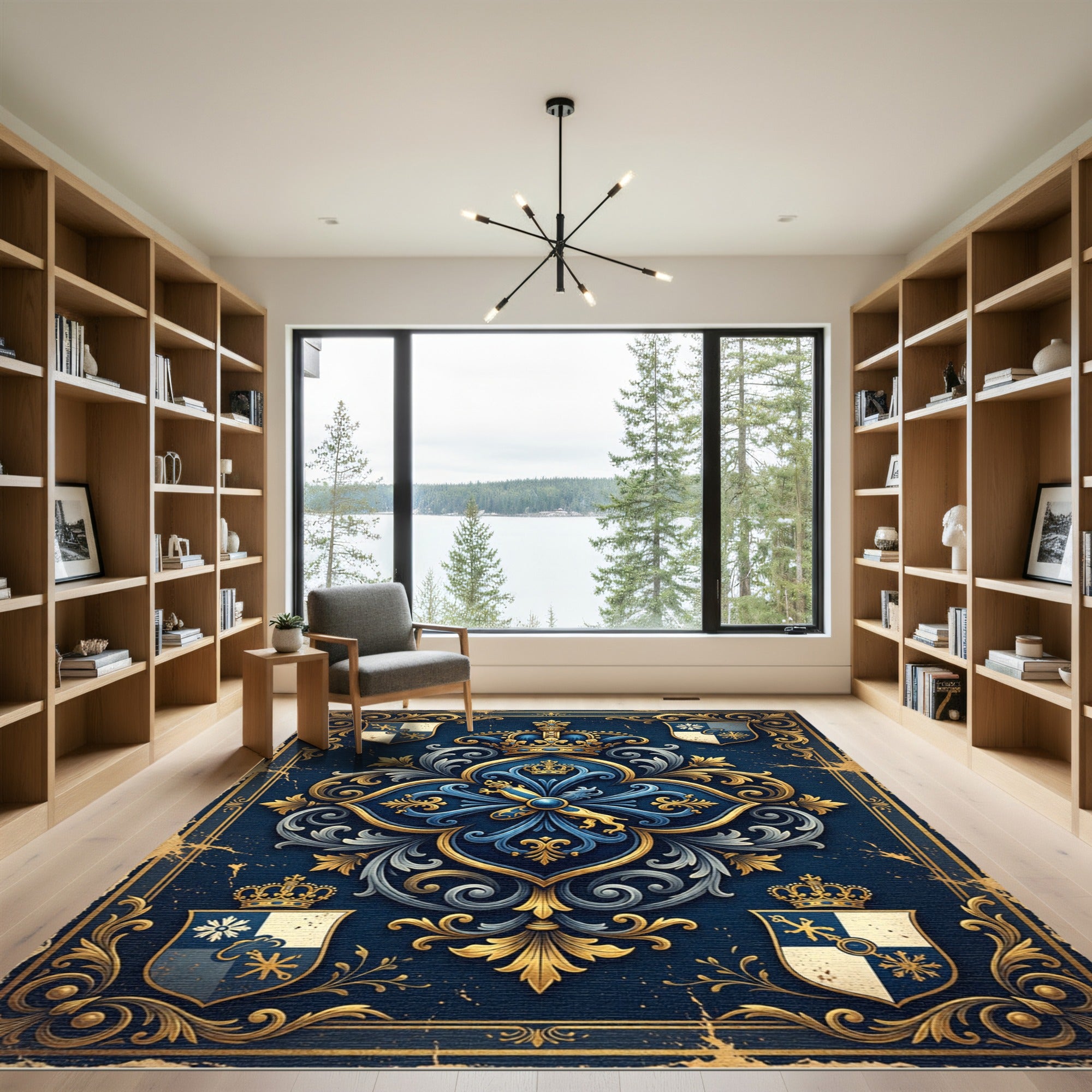 Royal Blue Gold Ornate Regal Crest Rug