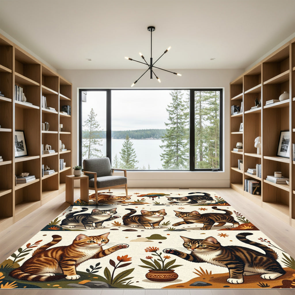 Cute Tabby Kittens Autumn Garden Scene Rug
