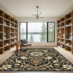 Gold Floral Medallion Black Ornate Rug
