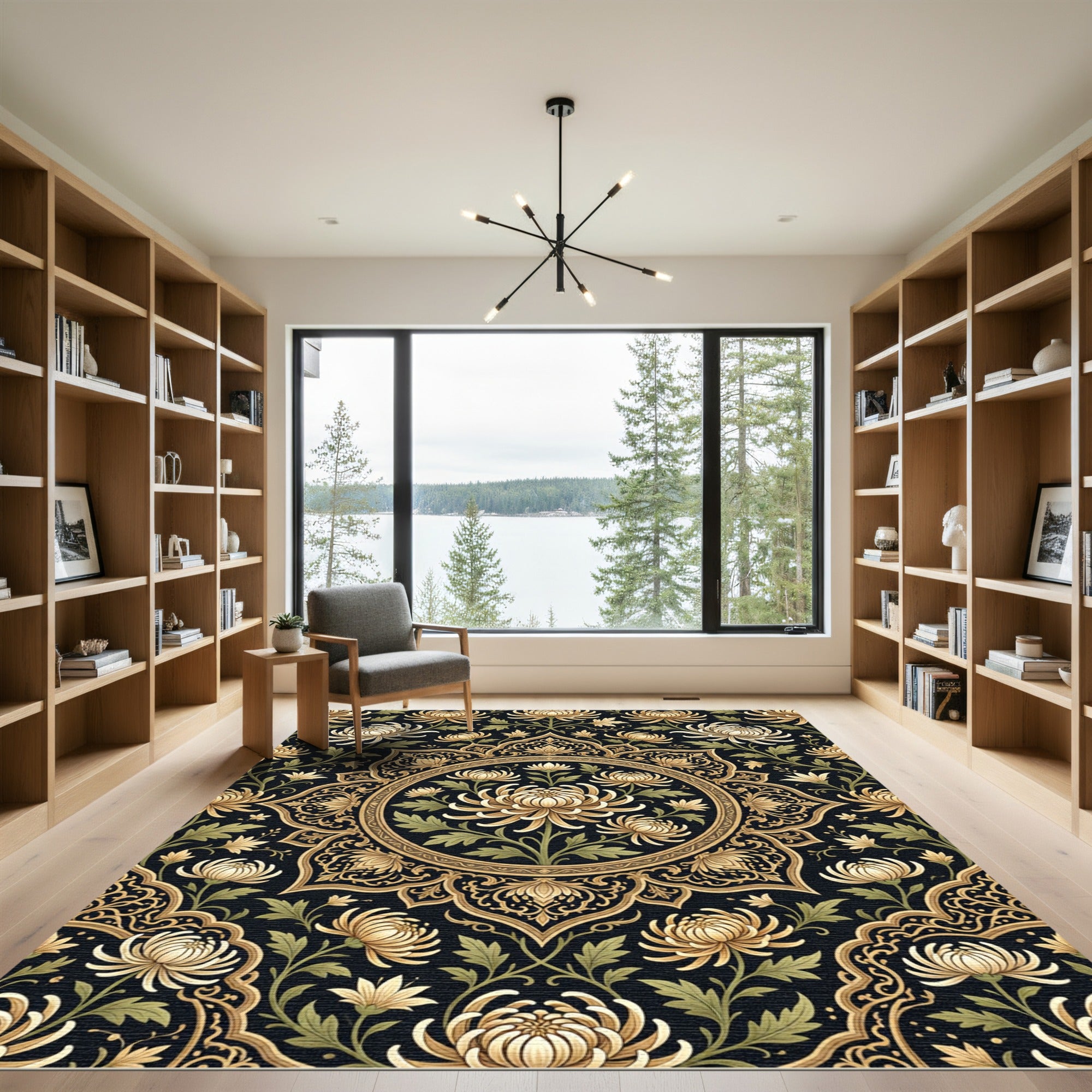 Ornate Golden Chrysanthemum Mandala Rug