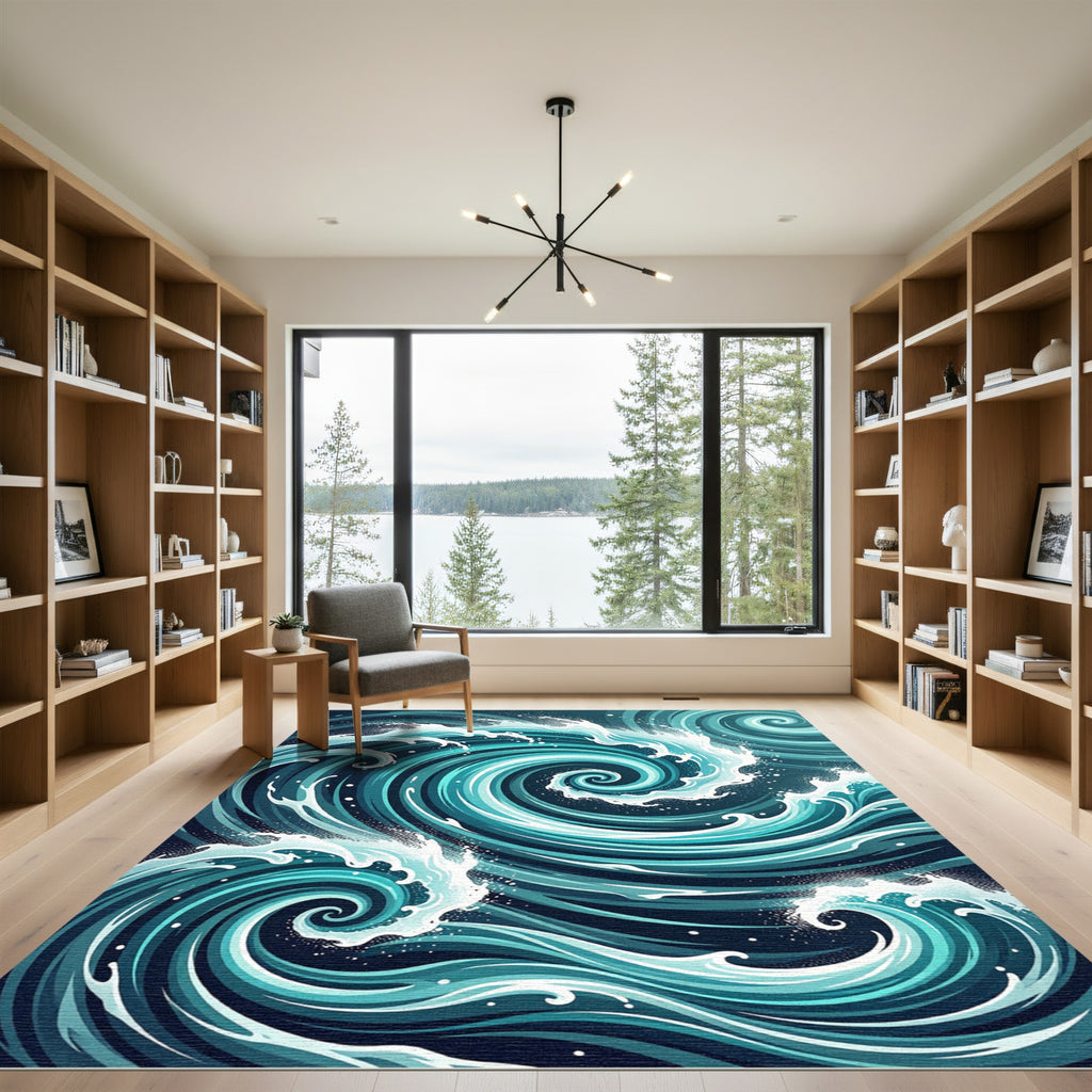 Dynamic Teal Swirling Ocean Wave Rug