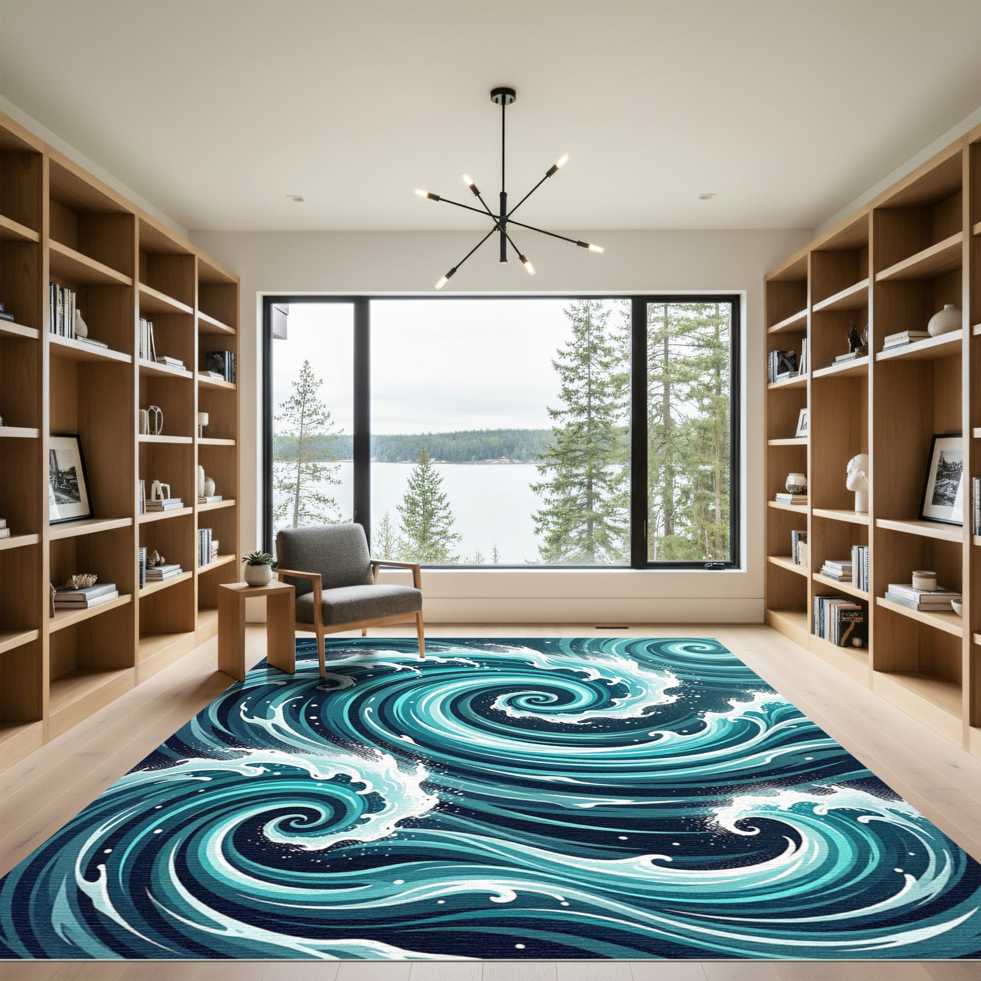 Dynamic Teal Swirling Ocean Wave Rug
