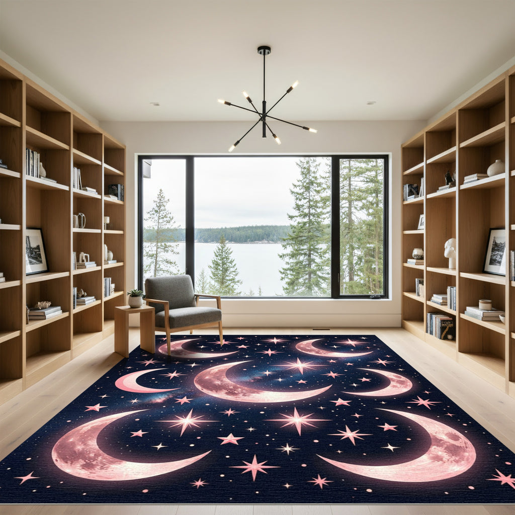 Pink Cosmic Crescent Moon Stars Rug