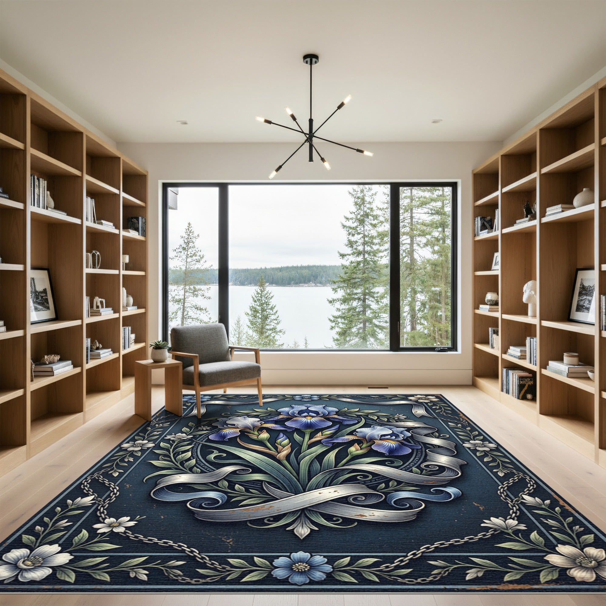 Vintage Blue Iris Ribbon Floral Illustration Rug
