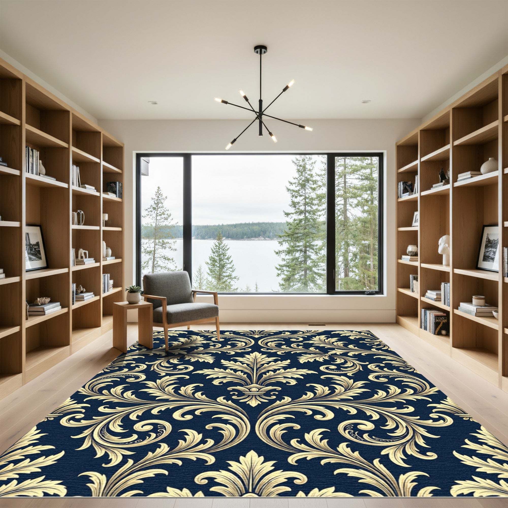 Elegant Gold Baroque Damask Navy Rug