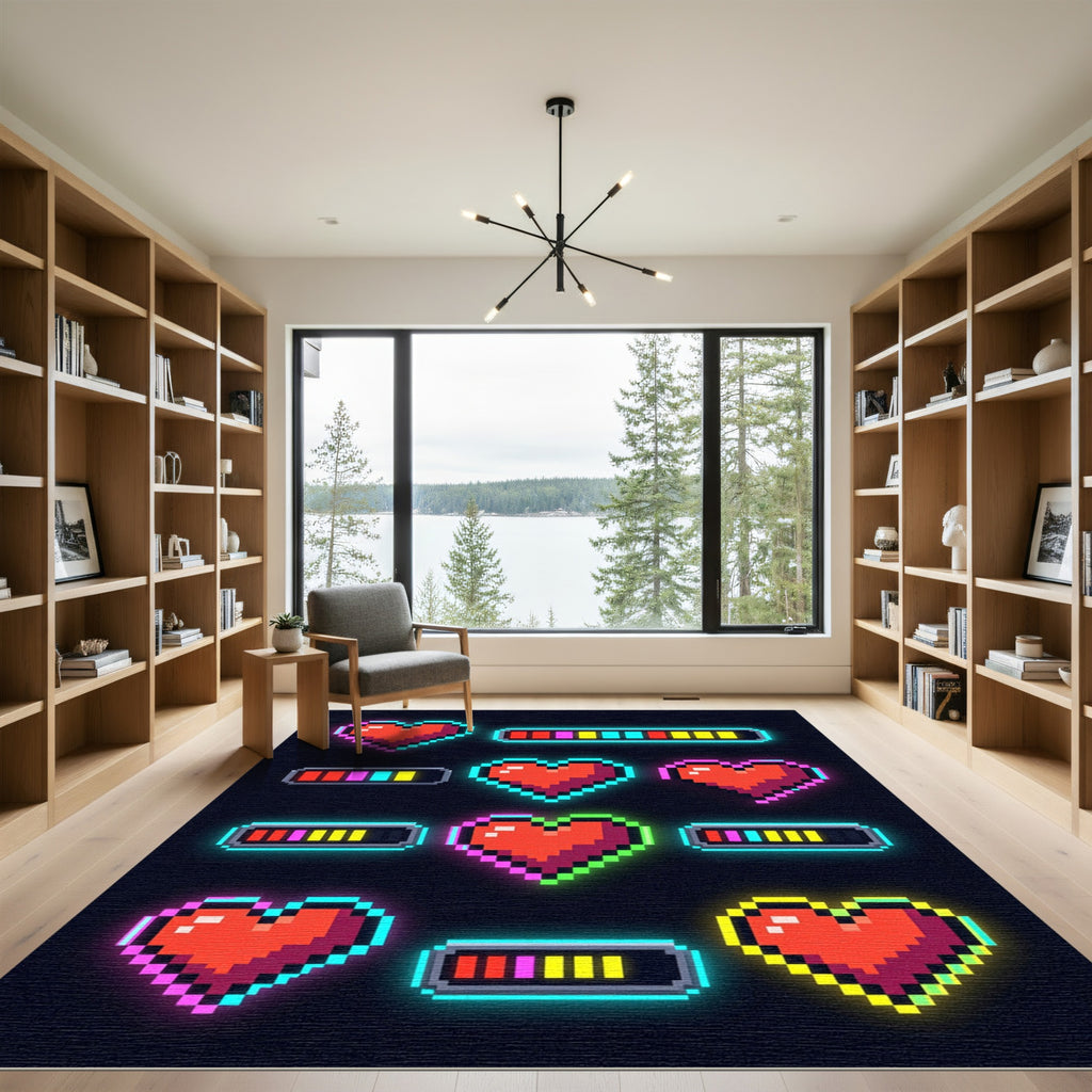 Neon Pixel Heart Retro Gaming Art Rug