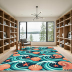 Coastal Seashell and Teal Ocean Wave Rug