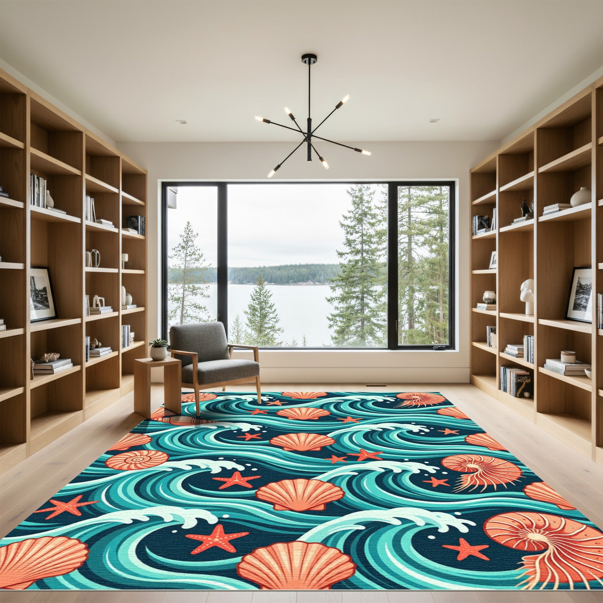 Coastal Seashell and Teal Ocean Wave Rug