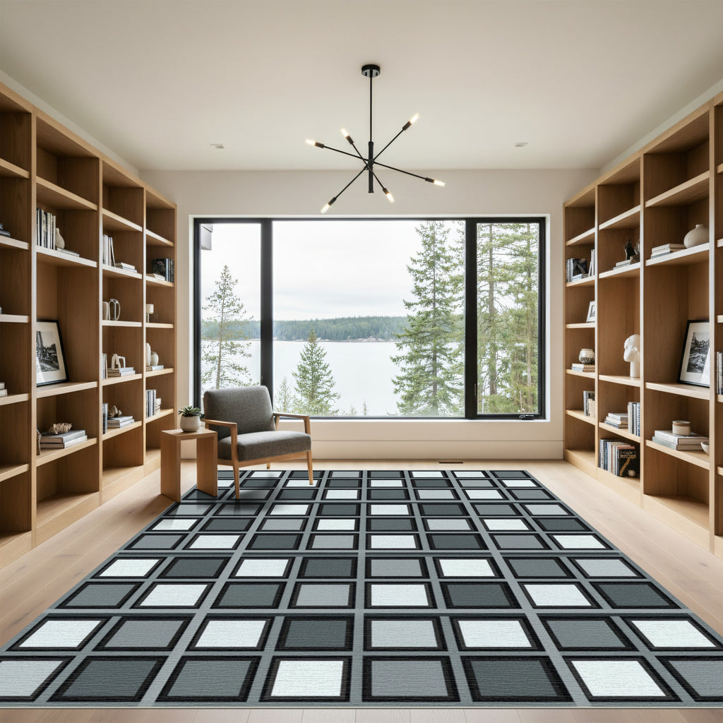 Modern Monochrome Grid Tile Square Rug